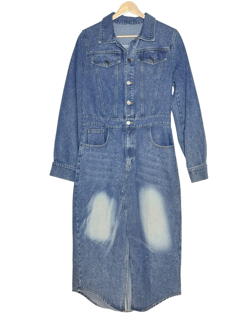 Ebossy NWT Button Front Denim Midi Shirt Dress Size S Western Slit Long Sleeve